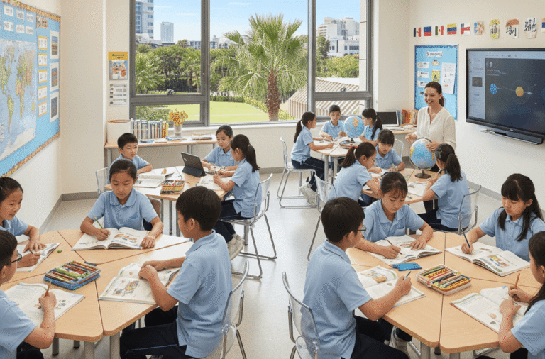 international school preparation - a class with their teacher in a class inside a classroom during the day.