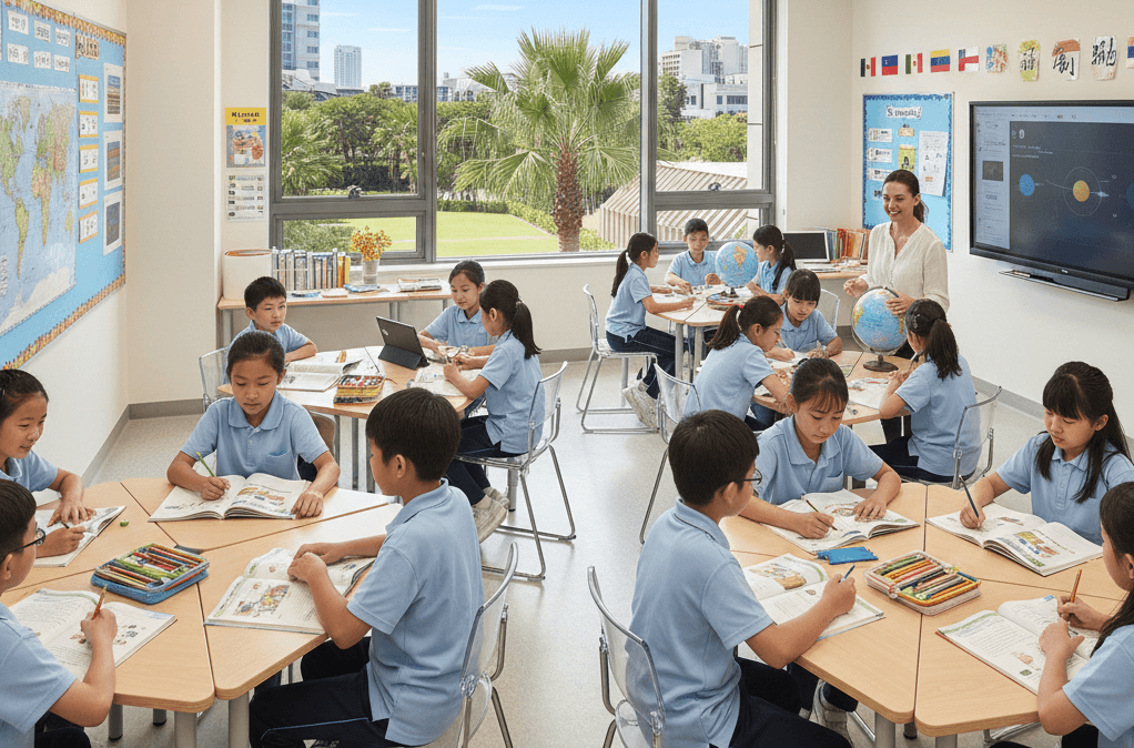 国际学校预备班——白天，一位老师和他们的学生在一间教室的上课场景。.