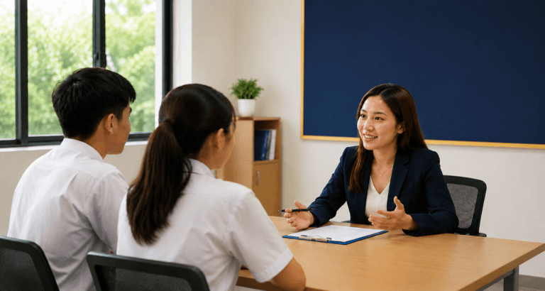 Testimonials - a teacher interviewing their two students inside the room.