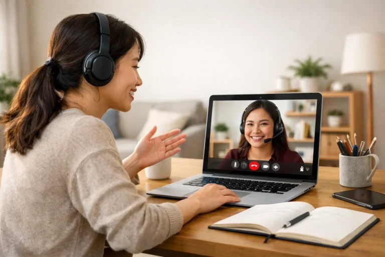 online class - a teacher teaching her online student at home.