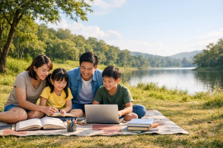 family camp - a family of four people having a picnic by the lake while studying and learning on their tablets and books.
